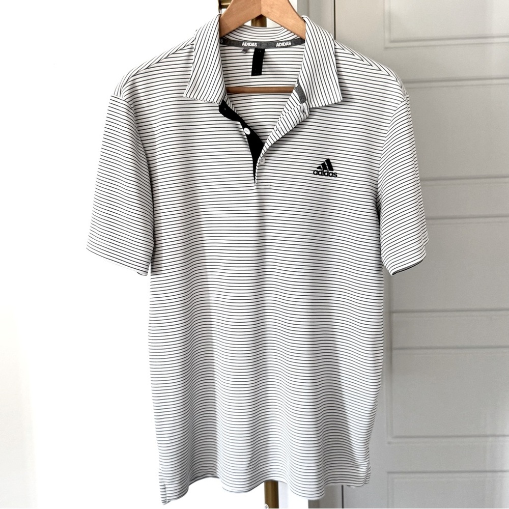 Men's Blue Gray Stripe Short Sleeve Sporty Golf Preppy Pique Polo Shirt Size M